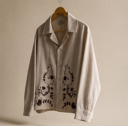Linen Embroidery Long Sleevs - Bird / Brown