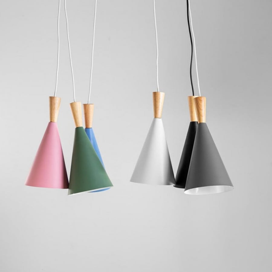 Single hanging chandelier in gray color and wooden base