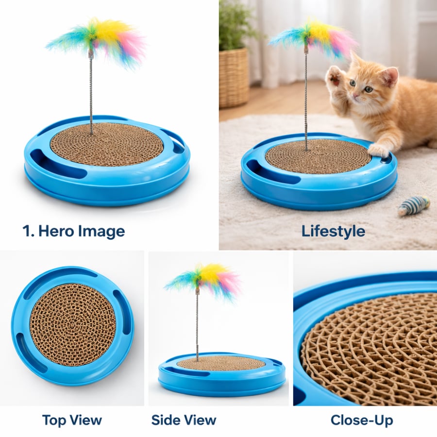 لعبة قطط خداشة دائرية للقطط مع لعبة ريش - العاب قطط وخداشات ‏Round Cat Scratcher with Feather Toy