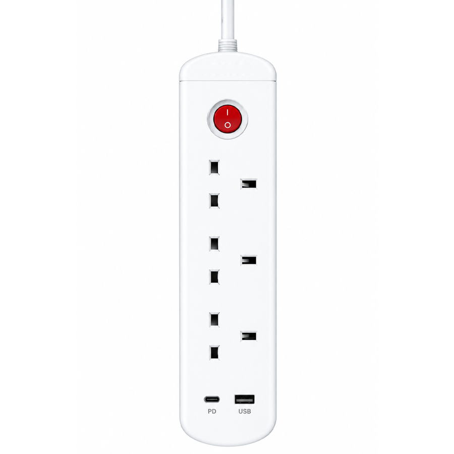 توصيلة كهرباء 5 متر ابيض 3 مخارج + 1USB + 1PD