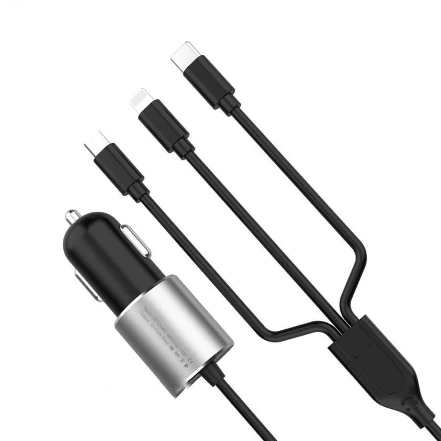 شاحن سيارة مع كيبل 3*1 اسود مع مدخل USB