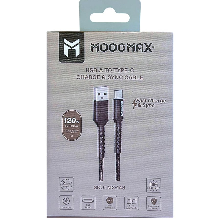 MOOGMAX MX-143 1M USB-A TO TYPE-C DATA CABLE سلك شاحن ونقل بيانات تايب سي قماش اسود من موج ماكس 120وات طول 1متر