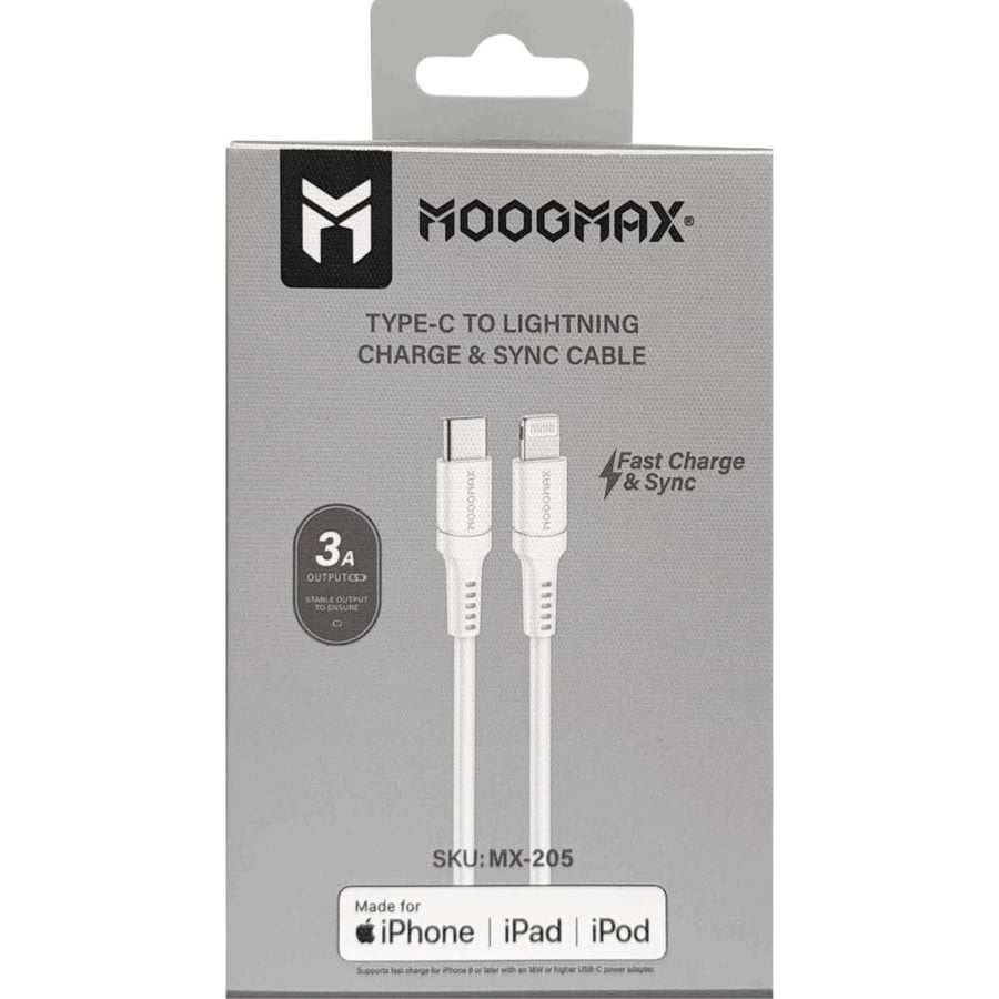 MOOGMAX MX-205 TYPE-C LIGHTNING data cable سلك شاحن ونقل بيانات تايب سي الي ايفون من موج ماكس يدعم الشحن السريع معتمد من أبل اللون أبيض طول 1متر