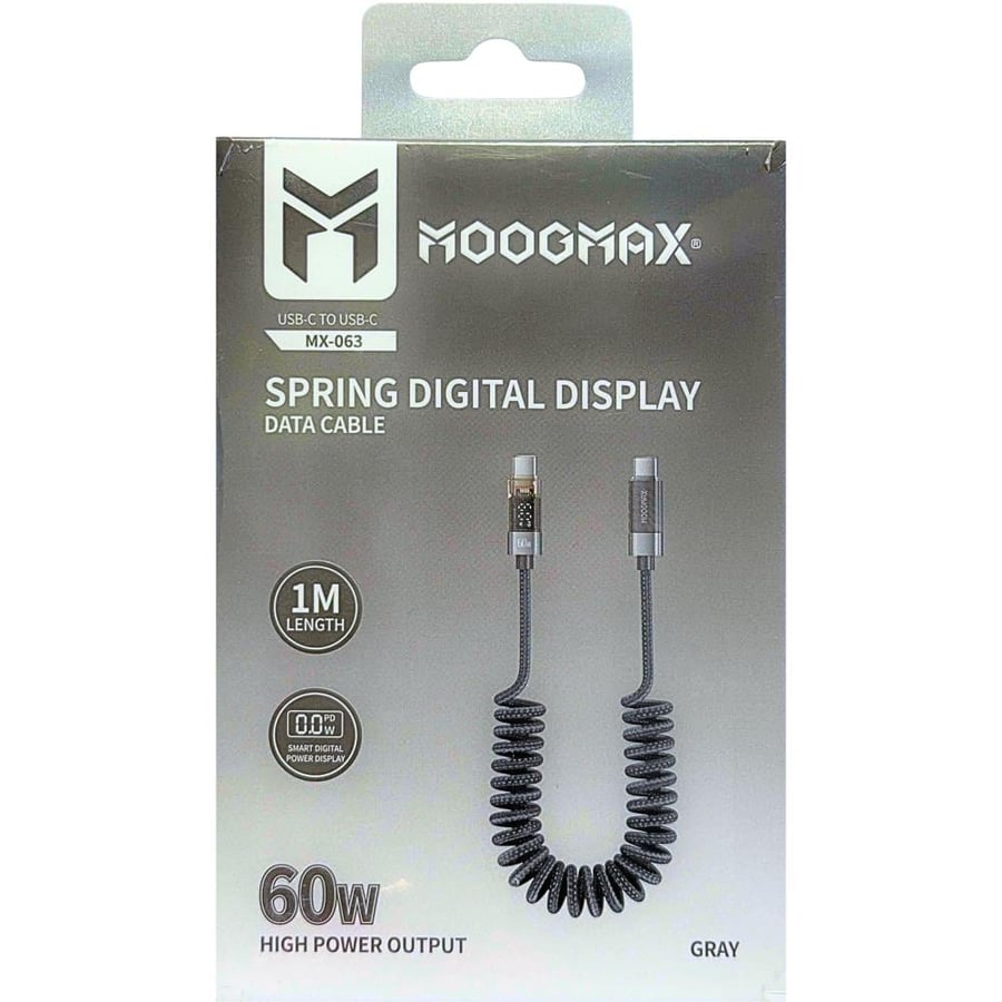 MOOGMAX MX-063 USB-C TO USB-C CABLE سلك قماش لولبي شاحن ونقل بيانات 60وات من تايب سي الي تايب سي يدعم الشحن السريع بطول1متر