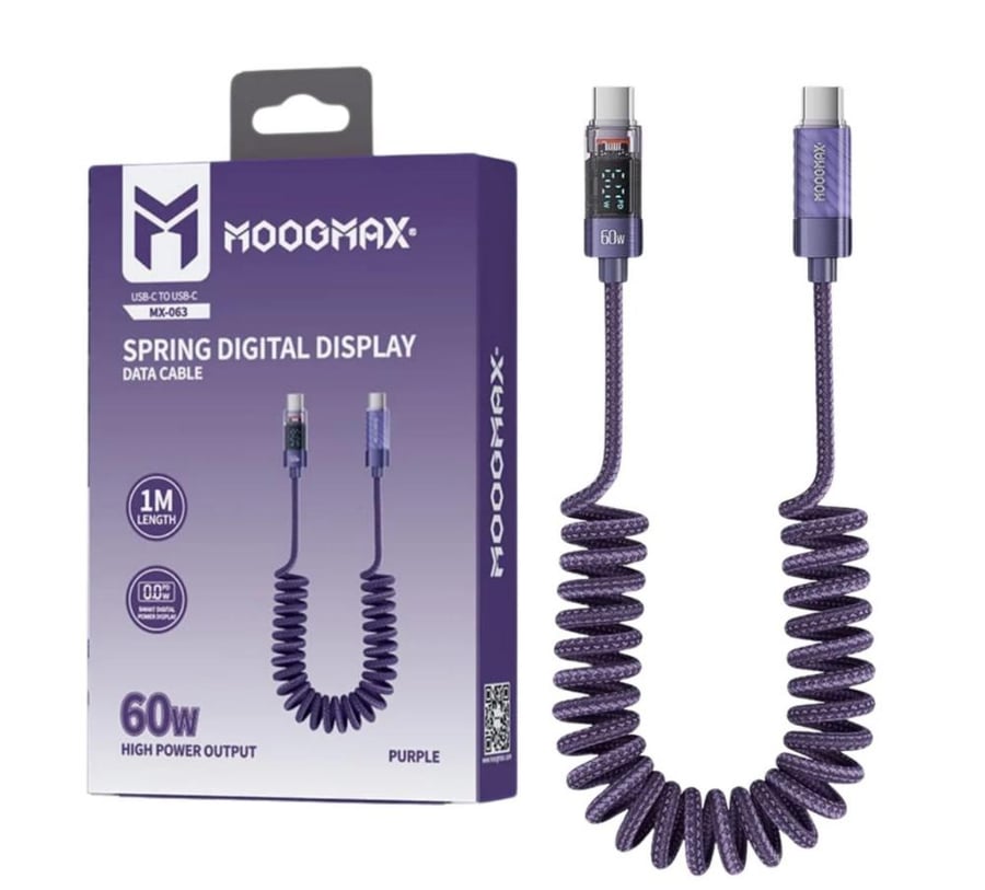 MOOGMAX MX-063 USB-C TO USB-C CABLE سلك قماش لولبي شاحن ونقل بيانات 60وات من تايب سي الي تايب سي يدعم الشحن السريع بطول1متر
