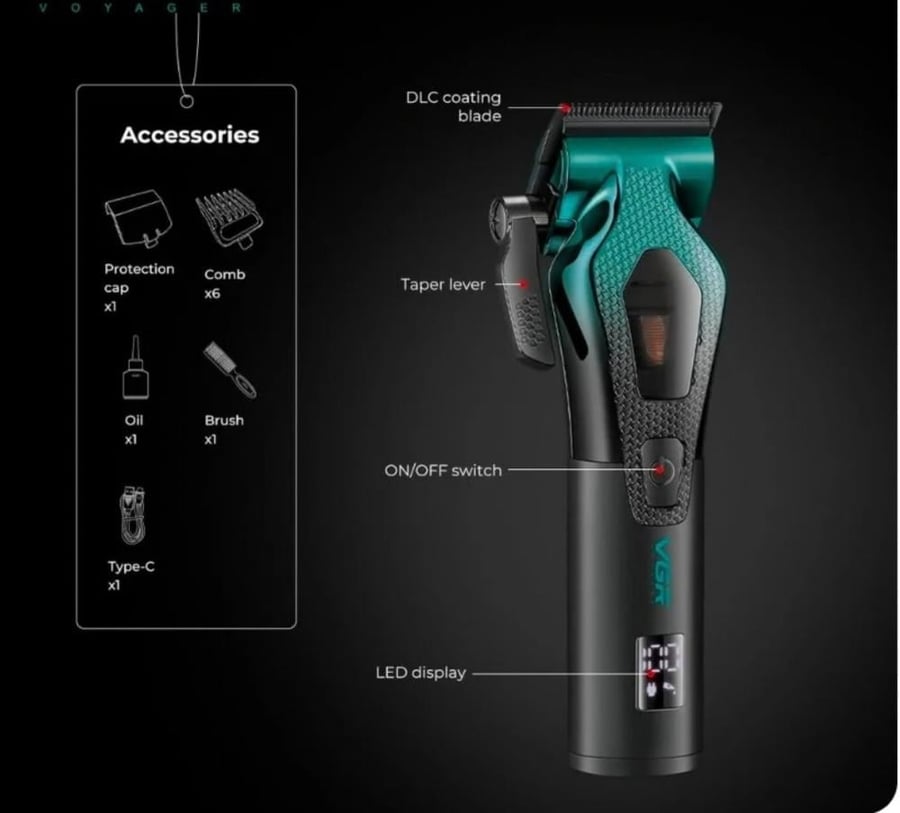 VGR V-271 Hair Clipper & Trimmer 8,000–11,000 RPM ماكينة حلاقة من في جي آر مزودة بمحرك Vector عالي الأداء بسرعة تصل إلى 11,000 دورة/دقيقة، وبطارية ليثيوم 2500mAh توفر حتى 150 دقيقة من التشغيل. تتميز بشفرات مطلية بطبقة DLC، وهيكل معدني، وإمكانية الاستخدام