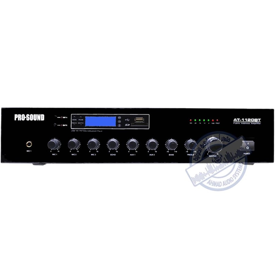 PRO-SOUND Power Amplifier AT-1120BT امبلي فير بروساوند قسمين بقوة 120وات مع بلوتوث و يواس بي و ذاكرة وصدى مناسب - للجوامع - للمساجد - للمدارس - للمنازل - للحفلات - للمحلات
