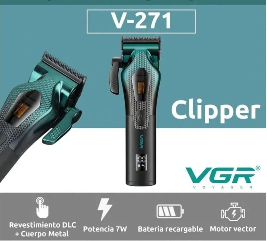 VGR V-271 Hair Clipper & Trimmer 8,000–11,000 RPM ماكينة حلاقة من في جي آر مزودة بمحرك Vector عالي الأداء بسرعة تصل إلى 11,000 دورة/دقيقة، وبطارية ليثيوم 2500mAh توفر حتى 150 دقيقة من التشغيل. تتميز بشفرات مطلية بطبقة DLC، وهيكل معدني، وإمكانية الاستخدام