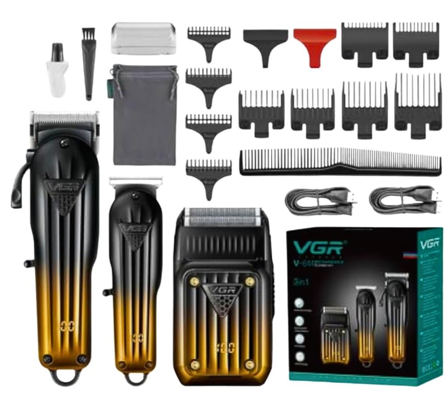 VGR V-644 Professional 3-in-1 Grooming Kit طقم مجموعة مكائن حلاقة 3 في 1 من في جي آر عالي الأداء مزود بشفرات من الستانلس ستيل وبطاريات ليثيوم قابلة لإعادة الشحن