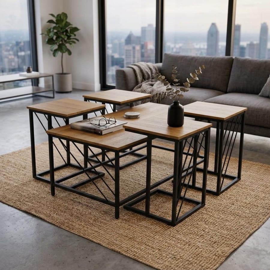 Service tables set wood 4+1 light brown color