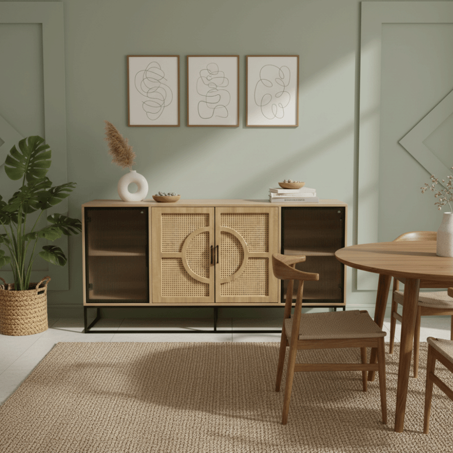 A buffet wardrobe with a modern and distinctive design, beige color