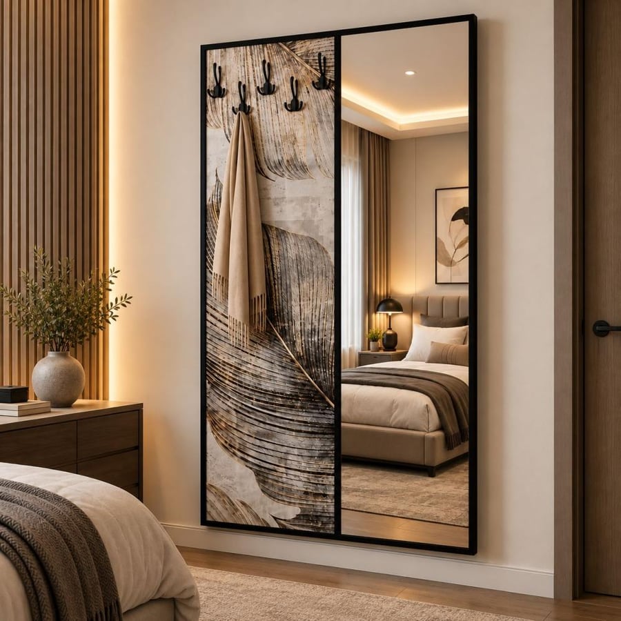 لوحة جدارية مع مرآة طولية وعلاقة ملابس بتصميم أشكال هندسية مقاس 100×180 سم