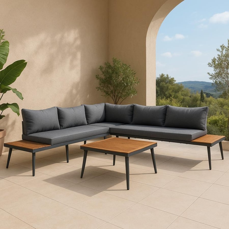 An integrated corner session for outdoor reception areas