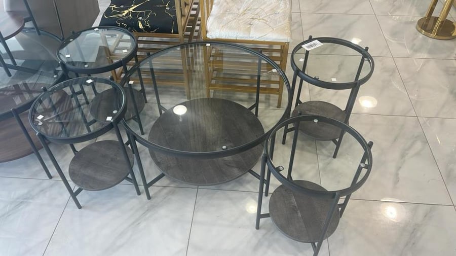 Glass and wood serving table set 4+1