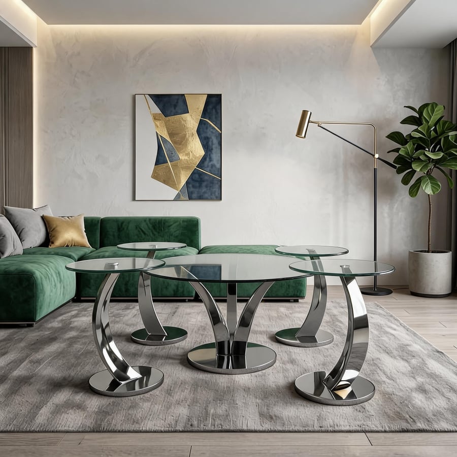 Set of stainless steel and glass service tables in various colors