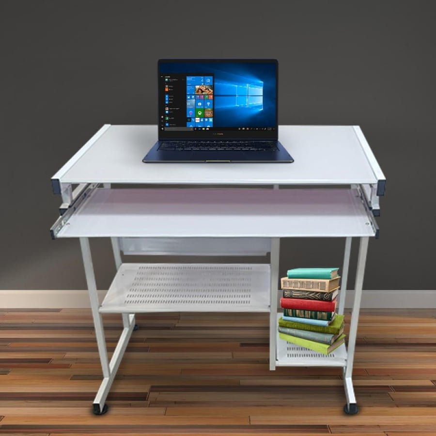 مكتب عمل زجاجي مودرن بلونين ورفوف متعددة مقاس 80 سم