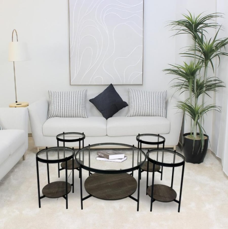Glass and wood serving table set 4+1