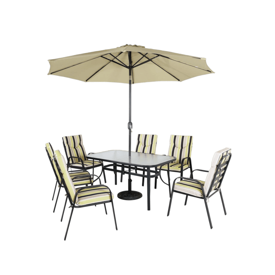 Outdoor dining table 6 chairs with umbrella.