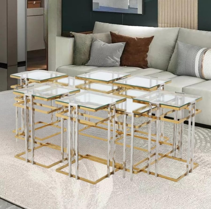 طقم طاولات قهوة استيل زجاج بتصميم عصري 6+1