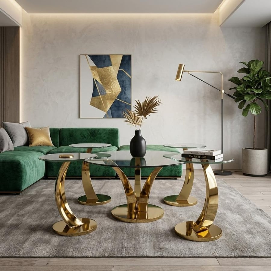 Set of stainless steel and glass service tables in various colors