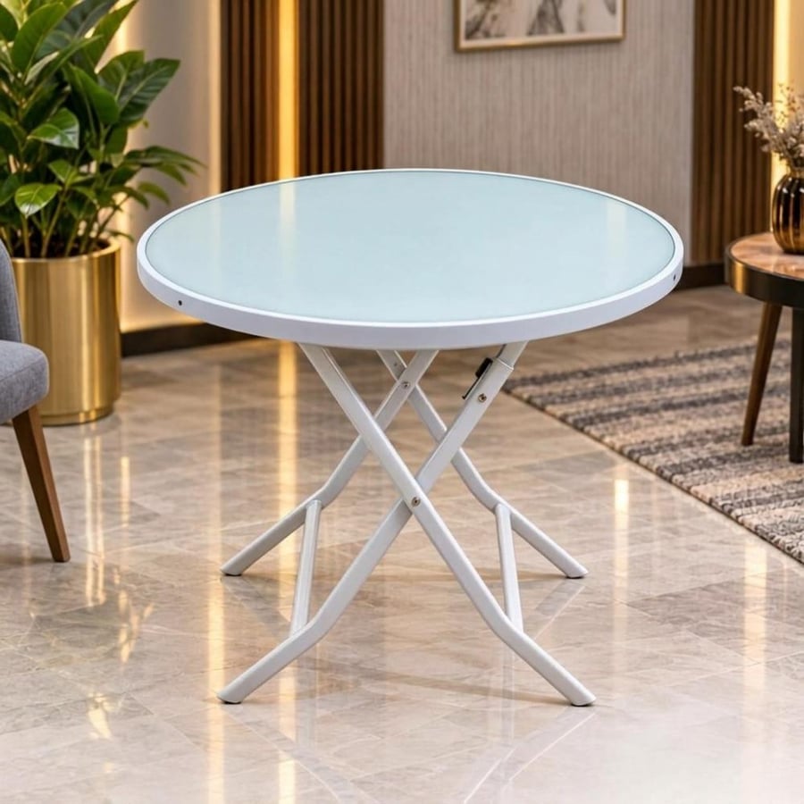 طاولة ضيافة دائرية سطح زجاج أبيض بتصميم قابل للطي
