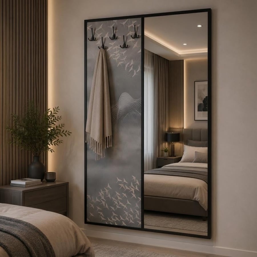 لوحة جدارية مع مرآة طولية وعلاقة ملابس بتصميم فازات عصرية مقاس 100×180 سم