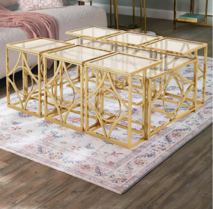 طقم طاولات خدمه متداخلة بتصميم عصري استيل وزجاج 6+1