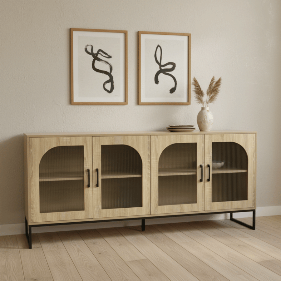 A buffet cabinet with a unique design and modern colors