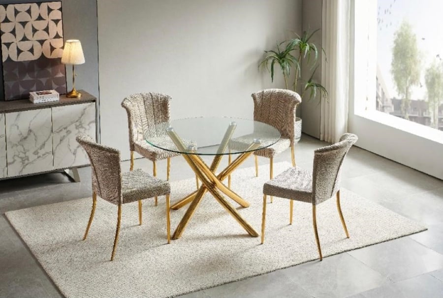 Round stainless steel and glass dining table with 4 chairs