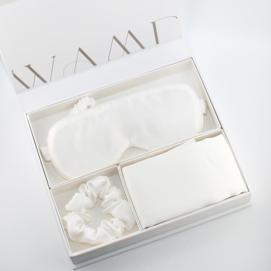 White Sleep Set  - Eye Mask + Scrunchie + Pillow case