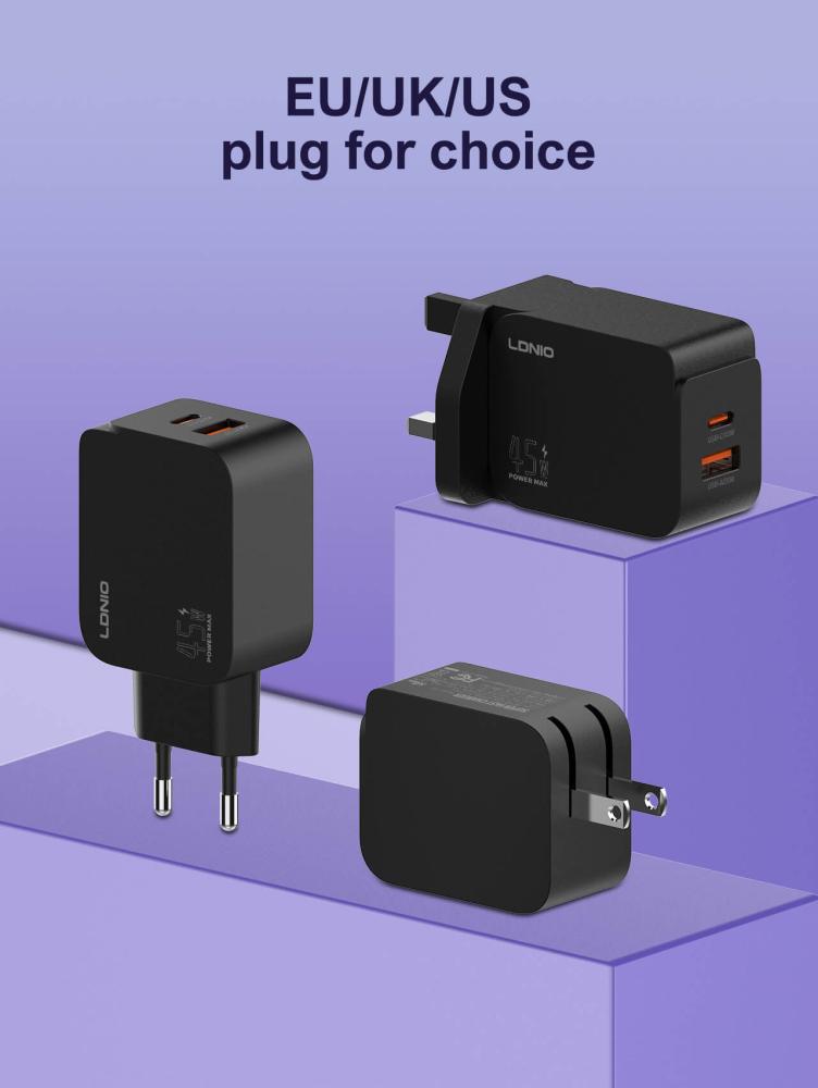 شاحن لدنيو LDNIO Q3 بقوة 65 واط تقنية GaN – منفذين USB-C ومنفذ USB-A للشحن السريع