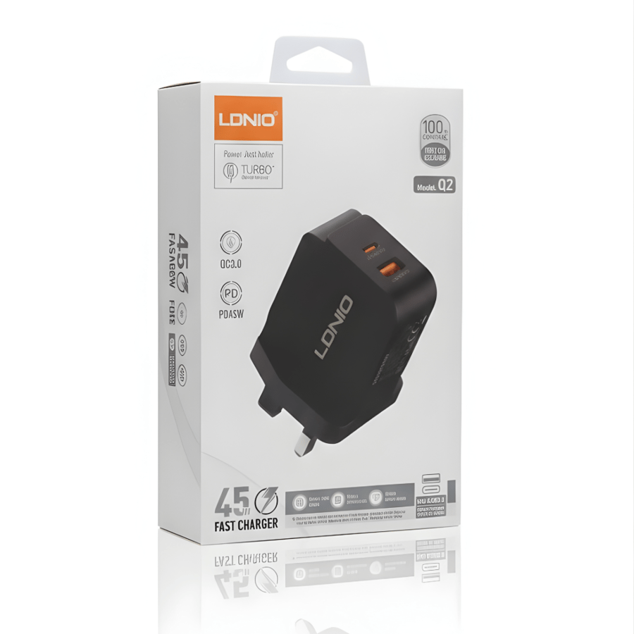 شاحن لدنيو LDNIO Q2 سريع بقوة 45 واط – منفذين USB-C و USB-A بتقنية PD و QC3.0
