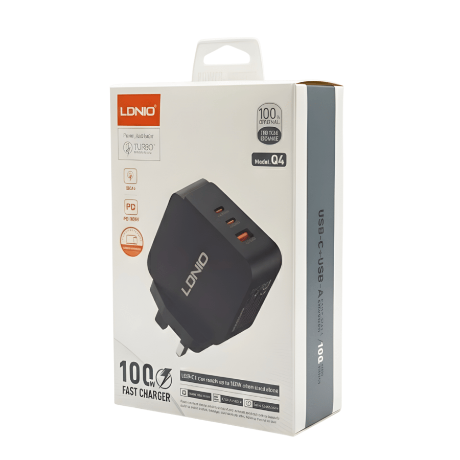 شاحن لدنيو LDNIO Q4 بقوة 100 واط – شاحن جداري سريع بـ 3 منافذ (USB-C + USB-A) وتقنية GaN