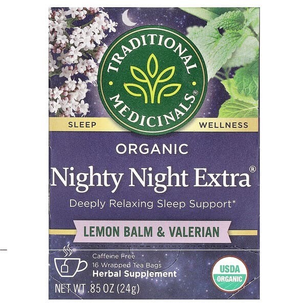 Nighty Night Extra العضوي، بنكهة بلسم الليمون والناردين المخزني، خالٍ من الكافيين، 16 كيس شاي مغلّف، 0.05 أونصة (1.5 جم)
