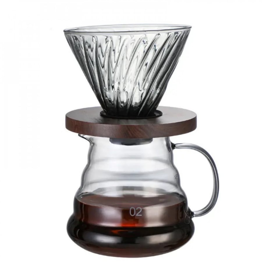 قمع تقطير V60 زجاجي اسود  - مقاس 02 بقاعدة خشب | V60 Dripper