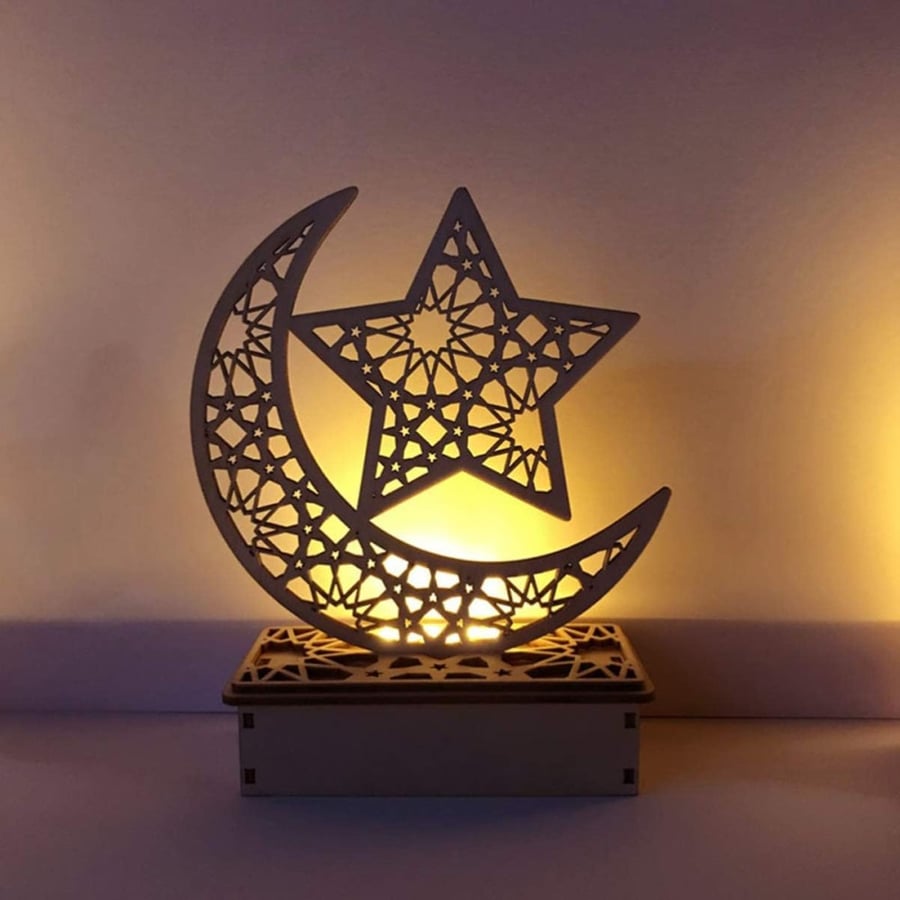 3 + 3 قطع زينة خشبية لرمضان وديكورات العيد على شكل هلال ونجمة مع اضاءة من موبيستك، تحف منضدة للمنزل ولوازم الحفلات، ثلاثة انماط
