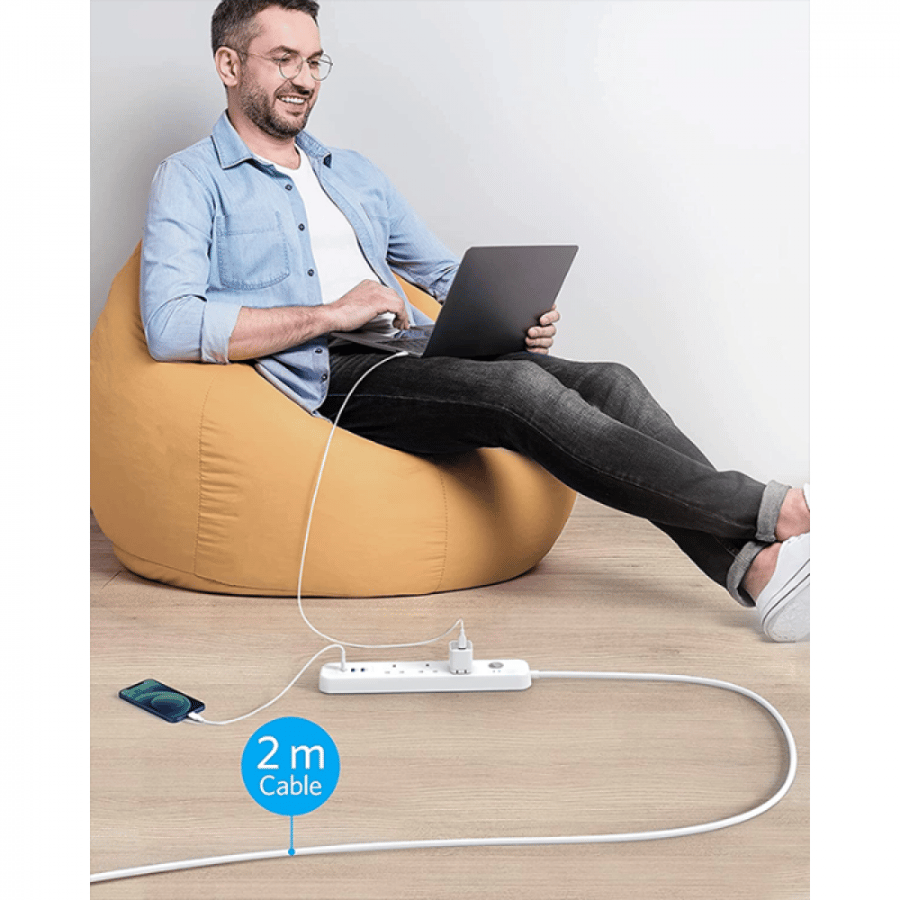 توصيلة بـ 3 مخارج كهرباء ومخرجين USB ومخرج PD وبقوة 30 واط - ابيض انكر باور اكستند