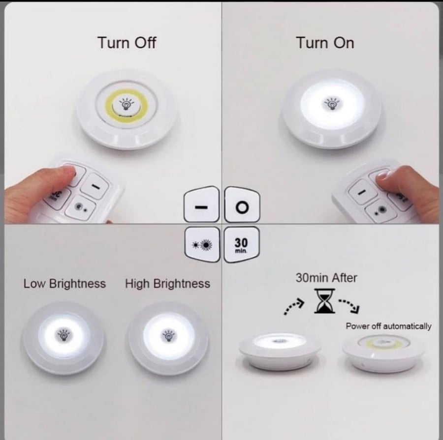 3 مصابيح LED سبوت ، تثبت بلاصق ، تعمل بريموت وتحكم شدة إضاءة ، تعمل بـ 3 بطاريات AA.