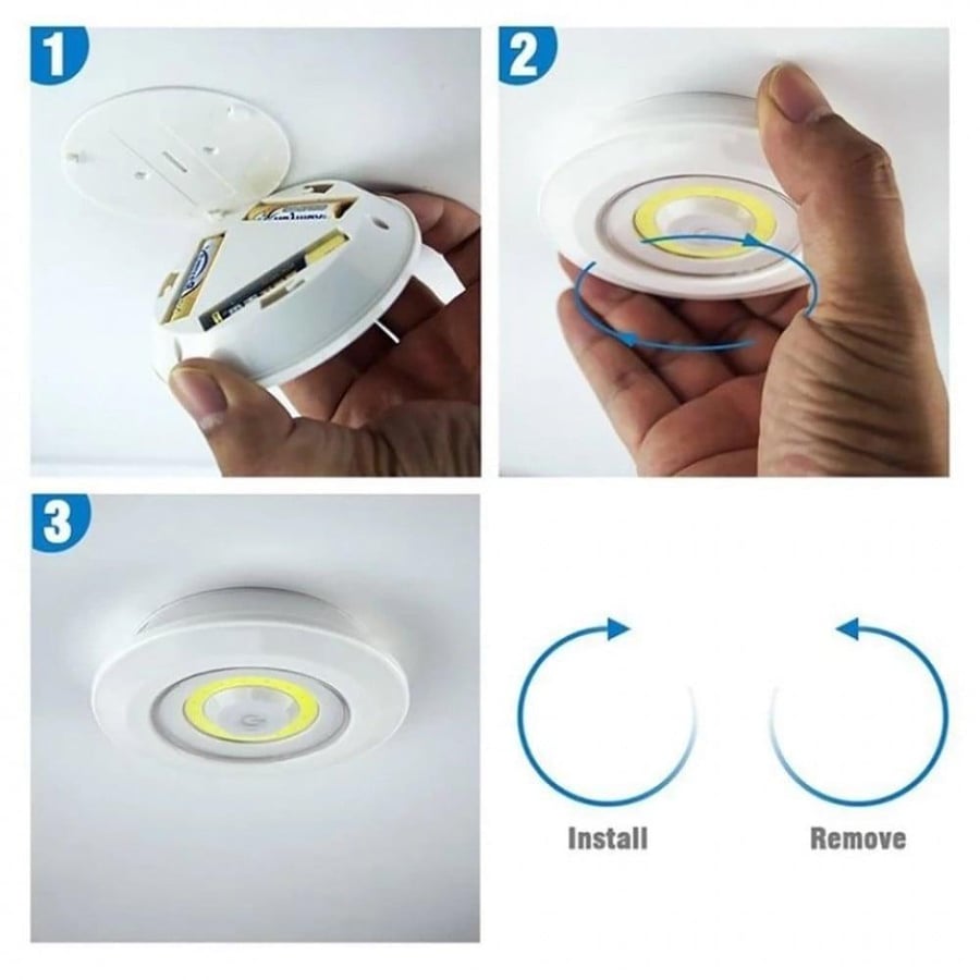3 مصابيح LED سبوت ، تثبت بلاصق ، تعمل بريموت وتحكم شدة إضاءة ، تعمل بـ 3 بطاريات AA.