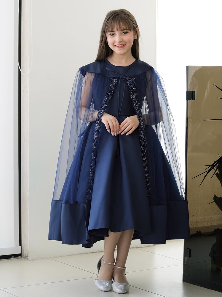 Girls' dress navy royal with cape, embroidered veil, and Meccado edges