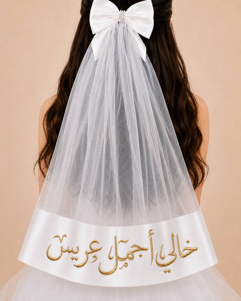 طرحة شعر خالي أجمل عريس بتطريز ذهبي للبنات