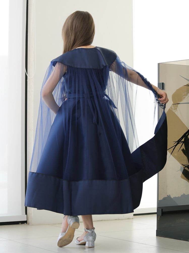 Girls' dress navy royal with cape, embroidered veil, and Meccado edges