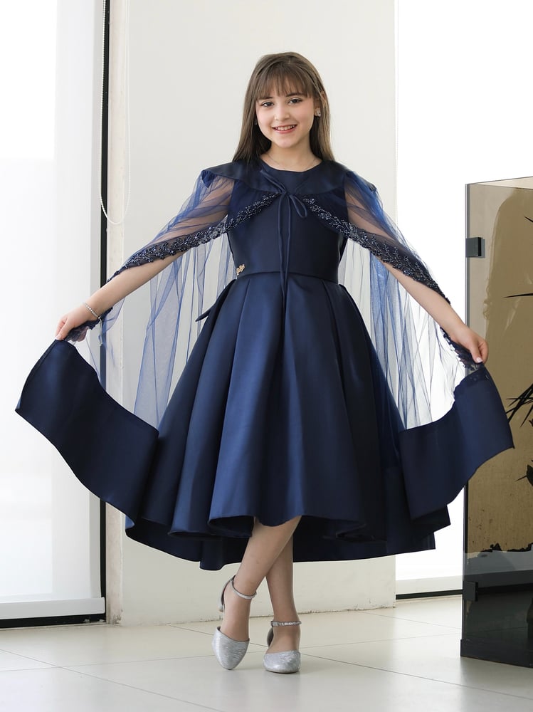 Girls' dress navy royal with cape, embroidered veil, and Meccado edges