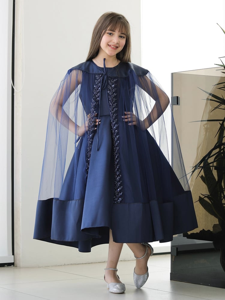 Girls' dress navy royal with cape, embroidered veil, and Meccado edges