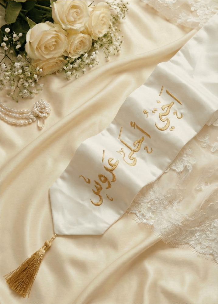وشاح "أختي أحلى عروس" بتطريز ذهبي