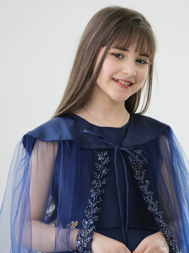 Girls' dress navy royal with cape, embroidered veil, and Meccado edges