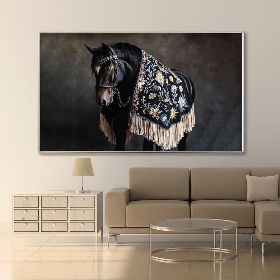 لوحة قماشية بتصميم خيل مع برواز  مجوف