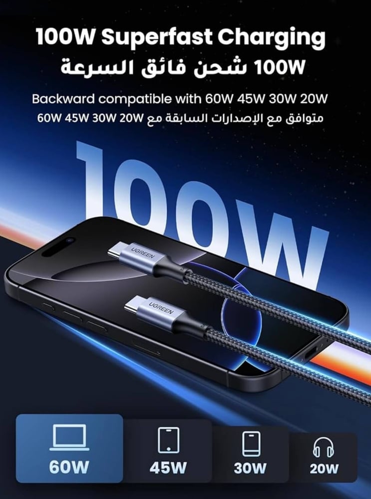 شاحن تايب سي من UGREEN بسرعة 100 واط