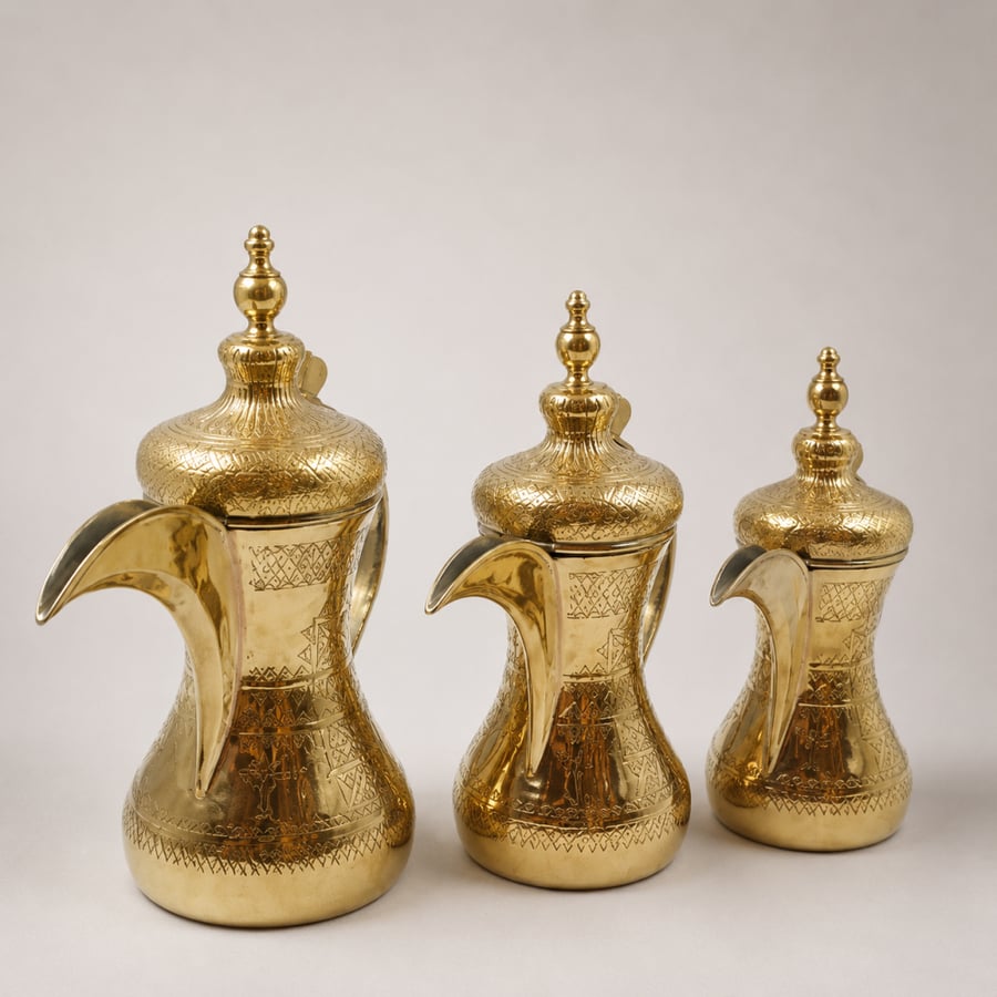طقم دلال الدقة الحساوية (عمل قاسم) منقوش كامل – ذهبي كامل (3 قطع )