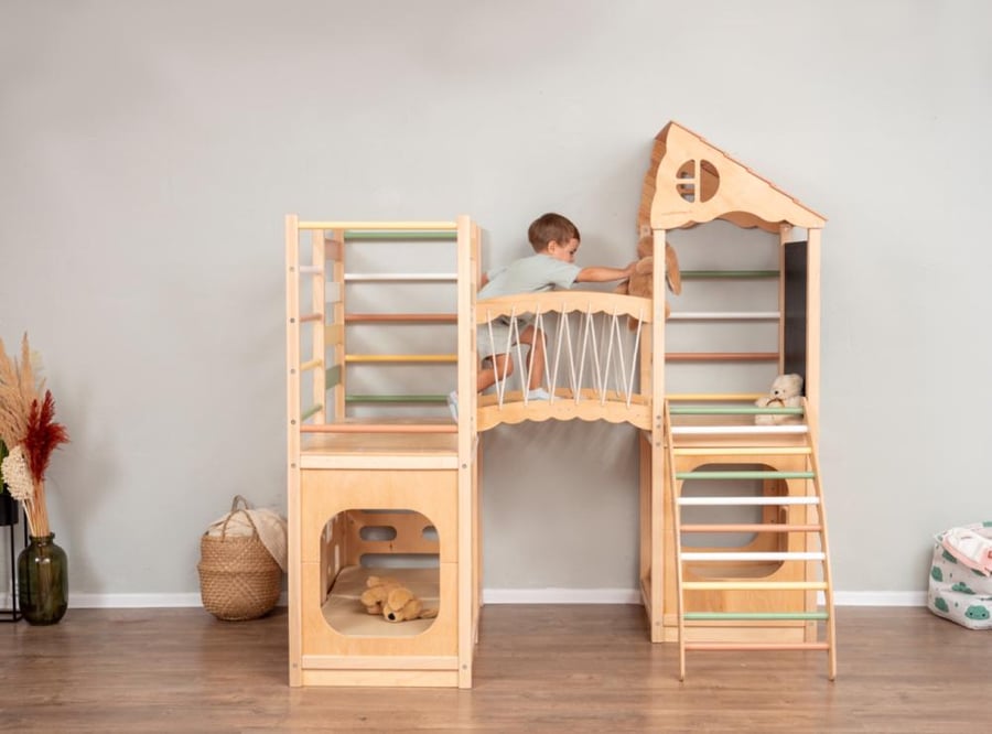 Tower of play and climbing with slide and climbing